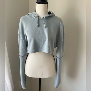 Light blue cropped hoodie with zipper detail on sleeves.     Perfect for spring!